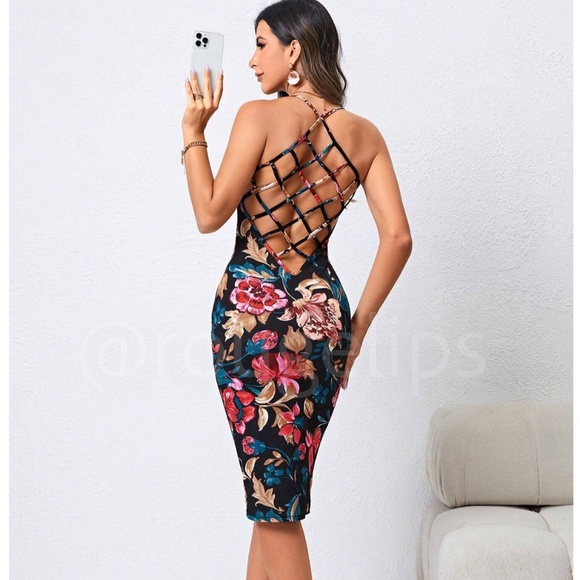 Rouge! Dresses & Skirts - Floral Pattern Black Slim Dress Knee Length Criss Cross Open Back